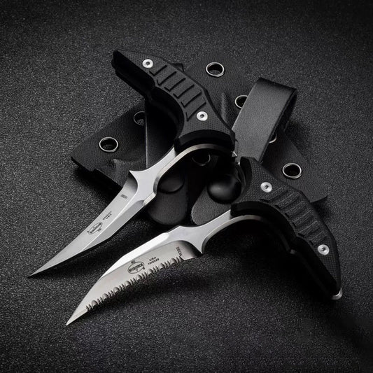 MicroTech Double bee shaped push type dagger serrated DLC blade