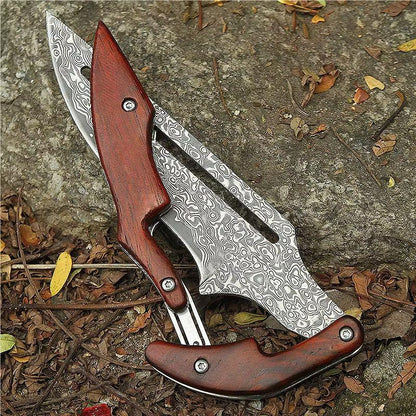 Damascus Steel Folding Knife with Wood Handle - Mechanical Magic Pocket Knife
