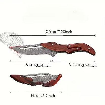 Damascus Steel Folding Knife with Wood Handle - Mechanical Magic Pocket Knife