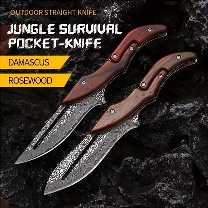Damascus Steel Folding Knife with Wood Handle - Mechanical Magic Pocket Knife