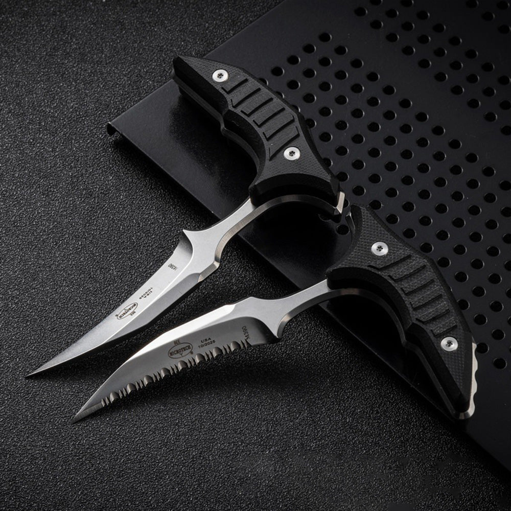 MicroTech Double bee shaped push type dagger serrated DLC blade