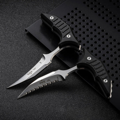 MicroTech Double bee shaped push type dagger serrated DLC blade
