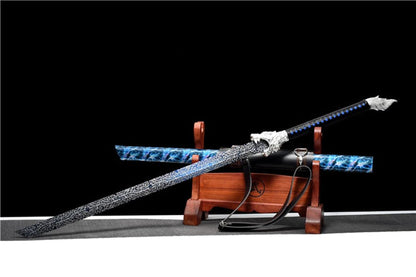 Handmade Silver Moon Wolf King High Manganese Steel Chinese Sword With Baked Blue Blade